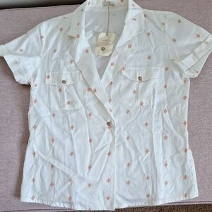 SUNAD White Button Front Short Sleeve Blouse with Cactus Print